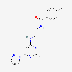molecular formula C18H20N6O B4463068 4-methyl-N-(2-{[2-methyl-6-(1H-pyrazol-1-yl)-4-pyrimidinyl]amino}ethyl)benzamide 