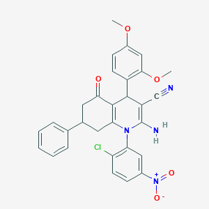 molecular formula C30H25ClN4O5 B446309 2-Amino-1-(2-chloro-5-nitrophenyl)-4-(2,4-dimethoxyphenyl)-5-oxo-7-phenyl-1,4,5,6,7,8-hexahydroquinoline-3-carbonitrile 