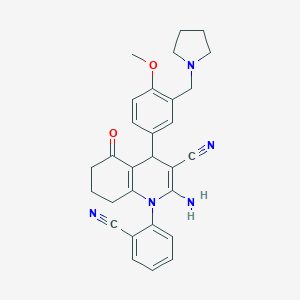 molecular formula C29H29N5O2 B446342 2-Amino-1-(2-cyanophenyl)-4-[4-methoxy-3-(pyrrolidin-1-ylmethyl)phenyl]-5-oxo-1,4,5,6,7,8-hexahydroquinoline-3-carbonitrile 