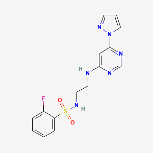 molecular formula C15H15FN6O2S B4463631 2-fluoro-N-(2-{[6-(1H-pyrazol-1-yl)-4-pyrimidinyl]amino}ethyl)benzenesulfonamide 