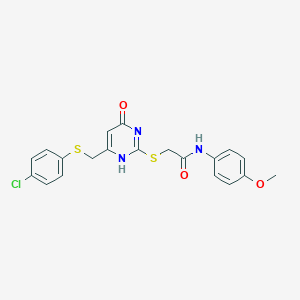 molecular formula C20H18ClN3O3S2 B446365 2-[[6-[(4-chlorophenyl)sulfanylmethyl]-4-oxo-1H-pyrimidin-2-yl]sulfanyl]-N-(4-methoxyphenyl)acetamide 