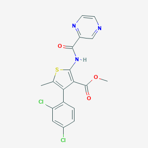 molecular formula C18H13Cl2N3O3S B446386 Methyl 4-(2,4-dichlorophenyl)-5-methyl-2-[(pyrazin-2-ylcarbonyl)amino]thiophene-3-carboxylate 
