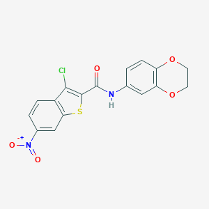 molecular formula C17H11ClN2O5S B446400 3-chloro-N-(2,3-dihydro-1,4-benzodioxin-6-yl)-6-nitro-1-benzothiophene-2-carboxamide 