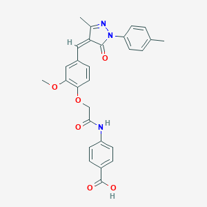 molecular formula C28H25N3O6 B446415 4-{[(2-methoxy-4-{[3-methyl-1-(4-methylphenyl)-5-oxo-1,5-dihydro-4H-pyrazol-4-ylidene]methyl}phenoxy)acetyl]amino}benzoic acid 