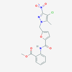 molecular formula C18H15ClN4O6 B446549 methyl 2-{[5-({4-chloro-3-nitro-5-methyl-1H-pyrazol-1-yl}methyl)-2-furoyl]amino}benzoate 