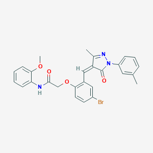 molecular formula C27H24BrN3O4 B446558 2-(4-bromo-2-{[3-methyl-1-(3-methylphenyl)-5-oxo-1,5-dihydro-4H-pyrazol-4-ylidene]methyl}phenoxy)-N-(2-methoxyphenyl)acetamide 