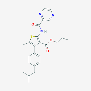 molecular formula C24H27N3O3S B446590 Propyl 4-(4-isobutylphenyl)-5-methyl-2-[(2-pyrazinylcarbonyl)amino]-3-thiophenecarboxylate 