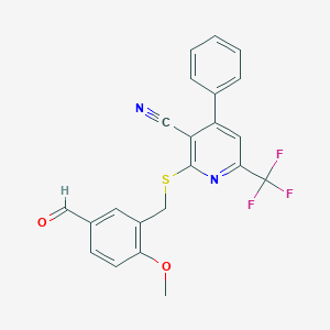 molecular formula C22H15F3N2O2S B446609 2-[(5-Formyl-2-methoxybenzyl)thio]-4-phenyl-6-(trifluoromethyl)nicotinonitrile CAS No. 514843-28-8