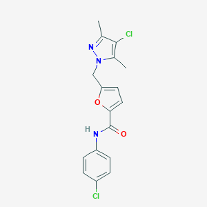 molecular formula C17H15Cl2N3O2 B446671 5-[(4-chloro-3,5-dimethyl-1H-pyrazol-1-yl)methyl]-N-(4-chlorophenyl)-2-furamide 