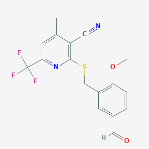 molecular formula C17H13F3N2O2S B446689 2-[(5-ホルミル-2-メトキシベンジル)チオ]-4-メチル-6-(トリフルオロメチル)ニコチノニトリル CAS No. 514856-37-2