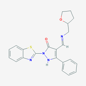 molecular formula C22H20N4O2S B446749 1-(1,3-benzothiazol-2-yl)-3-phenyl-4-{(E)-[(tetrahydrofuran-2-ylmethyl)imino]methyl}-1H-pyrazol-5-ol CAS No. 362496-54-6