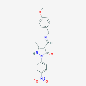 molecular formula C19H18N4O4 B446755 2-{4-nitrophenyl}-4-{[(4-methoxybenzyl)imino]methyl}-5-methyl-1,2-dihydro-3H-pyrazol-3-one CAS No. 351165-53-2