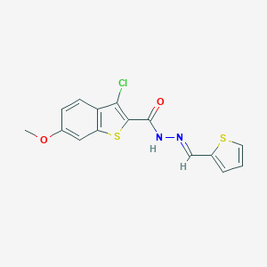 molecular formula C15H11ClN2O2S2 B446767 3-chloro-6-methoxy-N'-(2-thienylmethylene)-1-benzothiophene-2-carbohydrazide 