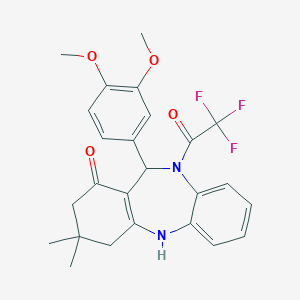 molecular formula C25H25F3N2O4 B446769 6-(3,4-Dimethoxyphenyl)-9,9-dimethyl-5-(2,2,2-trifluoroacetyl)-6,8,10,11-tetrahydrobenzo[b][1,4]benzodiazepin-7-one CAS No. 353774-62-6