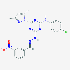 molecular formula C21H18ClN9O2 B446785 3-nitrobenzaldehyde [4-(4-chloroanilino)-6-(3,5-dimethyl-1H-pyrazol-1-yl)-1,3,5-triazin-2-yl]hydrazone 
