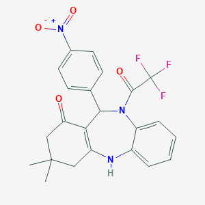 molecular formula C23H20F3N3O4 B446815 9,9-Dimethyl-6-(4-nitrophenyl)-5-(2,2,2-trifluoroacetyl)-6,8,10,11-tetrahydrobenzo[b][1,4]benzodiazepin-7-one CAS No. 312621-16-2