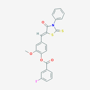 molecular formula C24H16INO4S2 B446844 2-Methoxy-4-[(4-oxo-3-phenyl-2-thioxo-1,3-thiazolidin-5-ylidene)methyl]phenyl 3-iodobenzoate 