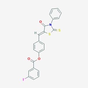 molecular formula C23H14INO3S2 B446864 4-[(4-Oxo-3-phenyl-2-thioxo-1,3-thiazolidin-5-ylidene)methyl]phenyl 3-iodobenzoate 