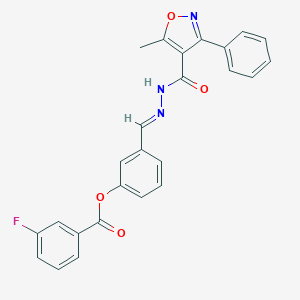 molecular formula C25H18FN3O4 B446982 3-[(E)-{2-[(5-methyl-3-phenyl-1,2-oxazol-4-yl)carbonyl]hydrazinylidene}methyl]phenyl 3-fluorobenzoate 