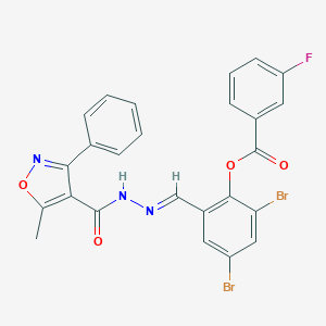 molecular formula C25H16Br2FN3O4 B447019 2,4-dibromo-6-[(E)-{2-[(5-methyl-3-phenyl-1,2-oxazol-4-yl)carbonyl]hydrazinylidene}methyl]phenyl 3-fluorobenzoate 