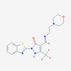 molecular formula C18H18F3N5O2S B447020 (4E)-2-(1,3-benzothiazol-2-yl)-4-({[2-(morpholin-4-yl)ethyl]amino}methylidene)-5-(trifluoromethyl)-2,4-dihydro-3H-pyrazol-3-one CAS No. 336177-04-9