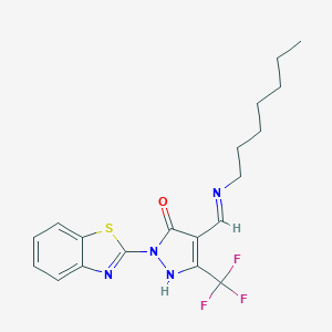 molecular formula C19H21F3N4OS B447021 (4E)-2-(1,3-benzothiazol-2-yl)-4-[(heptylamino)methylidene]-5-(trifluoromethyl)-2,4-dihydro-3H-pyrazol-3-one 