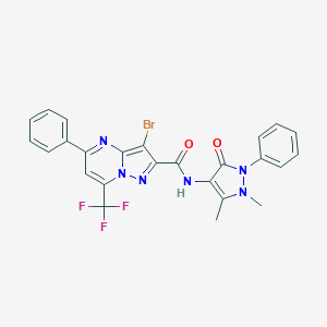 molecular formula C25H18BrF3N6O2 B447030 3-bromo-N-(1,5-dimethyl-3-oxo-2-phenyl-2,3-dihydro-1H-pyrazol-4-yl)-5-phenyl-7-(trifluoromethyl)pyrazolo[1,5-a]pyrimidine-2-carboxamide 