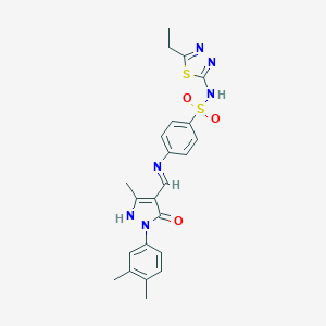 molecular formula C23H24N6O3S2 B447065 4-[[(Z)-[1-(3,4-dimethylphenyl)-3-methyl-5-oxopyrazol-4-ylidene]methyl]amino]-N-(5-ethyl-1,3,4-thiadiazol-2-yl)benzenesulfonamide 