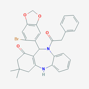molecular formula C30H27BrN2O4 B447080 6-(6-Bromo-1,3-benzodioxol-5-yl)-9,9-dimethyl-5-(2-phenylacetyl)-6,8,10,11-tetrahydrobenzo[b][1,4]benzodiazepin-7-one 