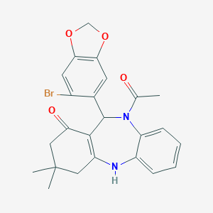 molecular formula C24H23BrN2O4 B447083 5-Acetyl-6-(6-bromo-1,3-benzodioxol-5-yl)-9,9-dimethyl-6,8,10,11-tetrahydrobenzo[b][1,4]benzodiazepin-7-one 