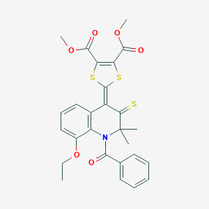 molecular formula C27H25NO6S3 B447100 dimethyl 2-(1-benzoyl-8-ethoxy-2,2-dimethyl-3-thioxo-2,3-dihydro-4(1H)-quinolinylidene)-1,3-dithiole-4,5-dicarboxylate 