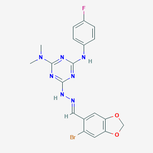 molecular formula C19H17BrFN7O2 B447105 6-Bromo-1,3-benzodioxole-5-carbaldehyde [4-(dimethylamino)-6-(4-fluoroanilino)-1,3,5-triazin-2-yl]hydrazone 