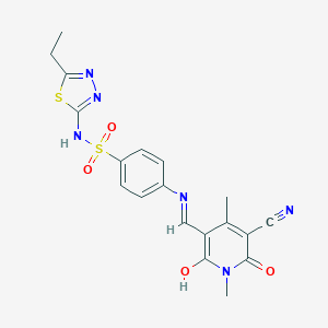 molecular formula C19H18N6O4S2 B447221 4-{[(5-cyano-1,4-dimethyl-2,6-dioxo-1,6-dihydro-3(2H)-pyridinylidene)methyl]amino}-N-(5-ethyl-1,3,4-thiadiazol-2-yl)benzenesulfonamide 