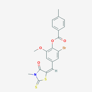 molecular formula C20H16BrNO4S2 B447253 2-bromo-6-methoxy-4-[(E)-(3-methyl-4-oxo-2-thioxo-1,3-thiazolidin-5-ylidene)methyl]phenyl 4-methylbenzoate 