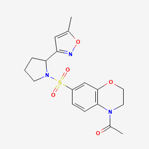 molecular formula C18H21N3O5S B4472688 1-(7-{[2-(5-Methyl-1,2-oxazol-3-YL)pyrrolidin-1-YL]sulfonyl}-3,4-dihydro-2H-1,4-benzoxazin-4-YL)ethan-1-one 