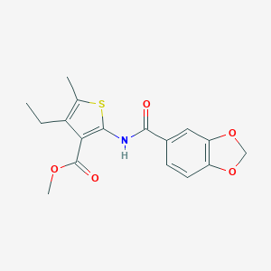 molecular formula C17H17NO5S B447335 Methyl 2-[(1,3-benzodioxol-5-ylcarbonyl)amino]-4-ethyl-5-methyl-3-thiophenecarboxylate 