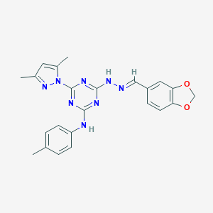 molecular formula C23H22N8O2 B447428 1,3-benzodioxole-5-carbaldehyde [4-(3,5-dimethyl-1H-pyrazol-1-yl)-6-(4-toluidino)-1,3,5-triazin-2-yl]hydrazone 