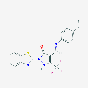molecular formula C20H15F3N4OS B447486 2-(1,3-Benzothiazol-2-yl)-4-[(4-ethylphenyl)iminomethyl]-5-(trifluoromethyl)-1H-pyrazol-3-one CAS No. 354542-81-7