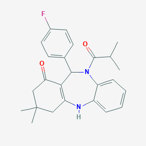 molecular formula C25H27FN2O2 B447495 6-(4-Fluorophenyl)-9,9-dimethyl-5-(2-methylpropanoyl)-6,8,10,11-tetrahydrobenzo[b][1,4]benzodiazepin-7-one CAS No. 354542-86-2