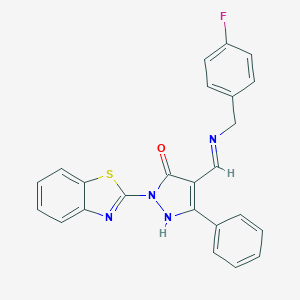 molecular formula C24H17FN4OS B447561 2-(1,3-benzothiazol-2-yl)-4-{[(4-fluorobenzyl)amino]methylene}-5-phenyl-2,4-dihydro-3H-pyrazol-3-one CAS No. 371221-44-2