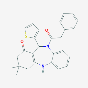 molecular formula C27H26N2O2S B447568 9,9-Dimethyl-5-(2-phenylacetyl)-6-(2-thienyl)-6,8,10,11-tetrahydrobenzo[b][1,4]benzodiazepin-7-one CAS No. 312621-70-8