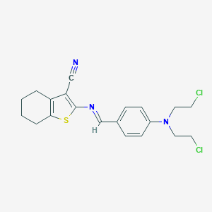 molecular formula C20H21Cl2N3S B447574 2-({4-[Bis(2-chloroethyl)amino]benzylidene}amino)-4,5,6,7-tetrahydro-1-benzothiophene-3-carbonitrile 