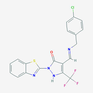 molecular formula C19H12ClF3N4OS B447602 1-(1,3-benzothiazol-2-yl)-4-{(E)-[(4-chlorobenzyl)imino]methyl}-3-(trifluoromethyl)-1H-pyrazol-5-ol CAS No. 354543-57-0