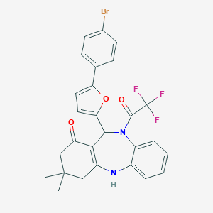 molecular formula C27H22BrF3N2O3 B447609 6-[5-(4-Bromophenyl)-2-furyl]-9,9-dimethyl-5-(2,2,2-trifluoroacetyl)-6,8,10,11-tetrahydrobenzo[b][1,4]benzodiazepin-7-one 