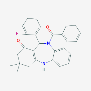 molecular formula C28H25FN2O2 B447613 5-Benzoyl-6-(2-fluorophenyl)-9,9-dimethyl-6,8,10,11-tetrahydrobenzo[b][1,4]benzodiazepin-7-one 