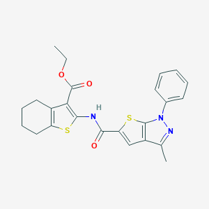 molecular formula C24H23N3O3S2 B447616 ethyl 2-{[(3-methyl-1-phenyl-1H-thieno[2,3-c]pyrazol-5-yl)carbonyl]amino}-4,5,6,7-tetrahydro-1-benzothiophene-3-carboxylate 