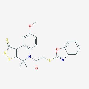 molecular formula C22H18N2O3S4 B447681 2-(1,3-Benzoxazol-2-ylsulfanyl)-1-(8-methoxy-4,4-dimethyl-1-sulfanylidenedithiolo[3,4-c]quinolin-5-yl)ethanone CAS No. 328068-97-9