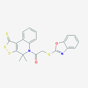 molecular formula C21H16N2O2S4 B447685 2-(1,3-Benzoxazol-2-ylsulfanyl)-1-(4,4-dimethyl-1-sulfanylidenedithiolo[3,4-c]quinolin-5-yl)ethanone CAS No. 303175-10-2