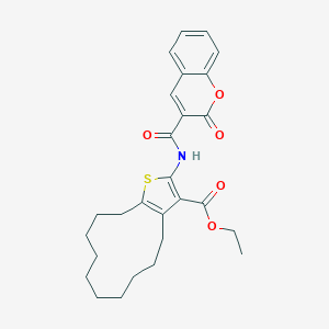 molecular formula C27H31NO5S B447699 ethyl 2-{[(2-oxo-2H-chromen-3-yl)carbonyl]amino}-4,5,6,7,8,9,10,11,12,13-decahydrocyclododeca[b]thiophene-3-carboxylate 