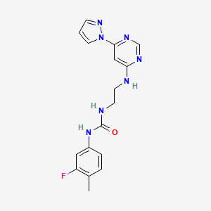 molecular formula C17H18FN7O B4477202 N-(3-fluoro-4-methylphenyl)-N'-(2-{[6-(1H-pyrazol-1-yl)-4-pyrimidinyl]amino}ethyl)urea 